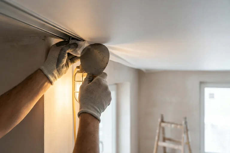 Plaatser trekt een spanplafonddoek in het aluminium wandprofiel